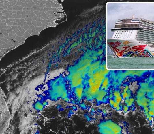 Weather system disrupts cruise ship schedules. Satellite imagery of storm system along Florida and East Coast.