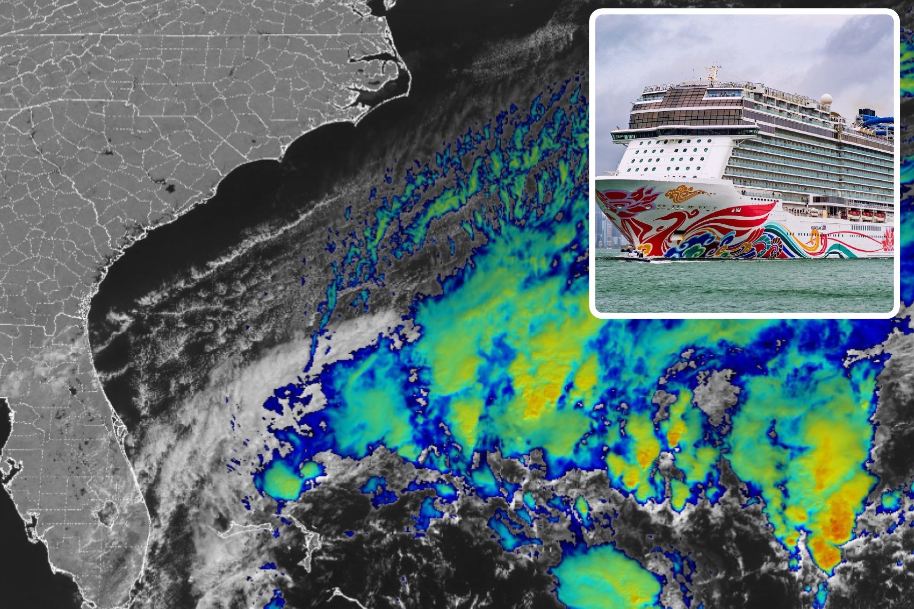 Weather system disrupts cruise ship schedules. Satellite imagery of storm system along Florida and East Coast.