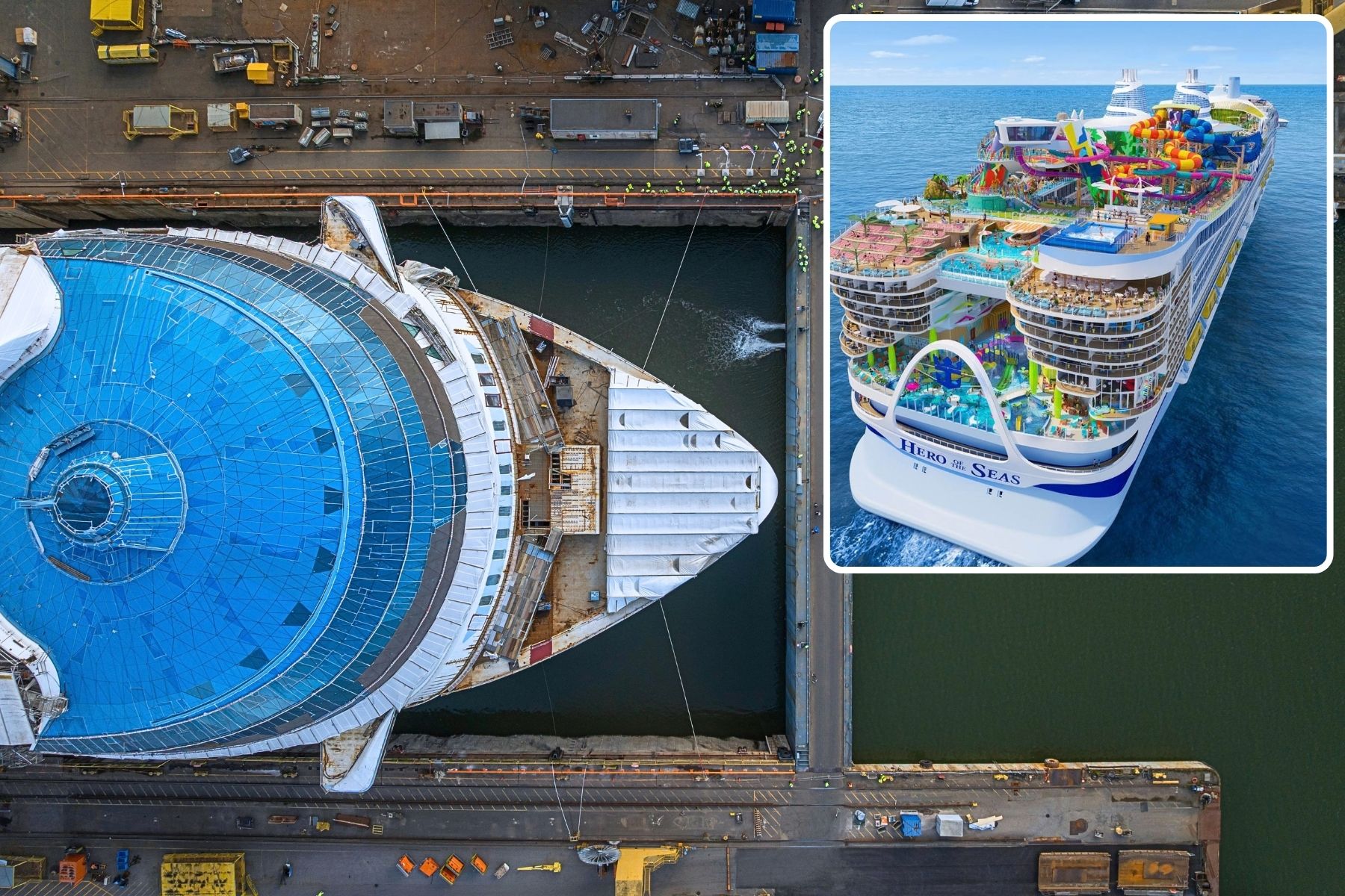 Hero of the Seas in shipyard and rendering