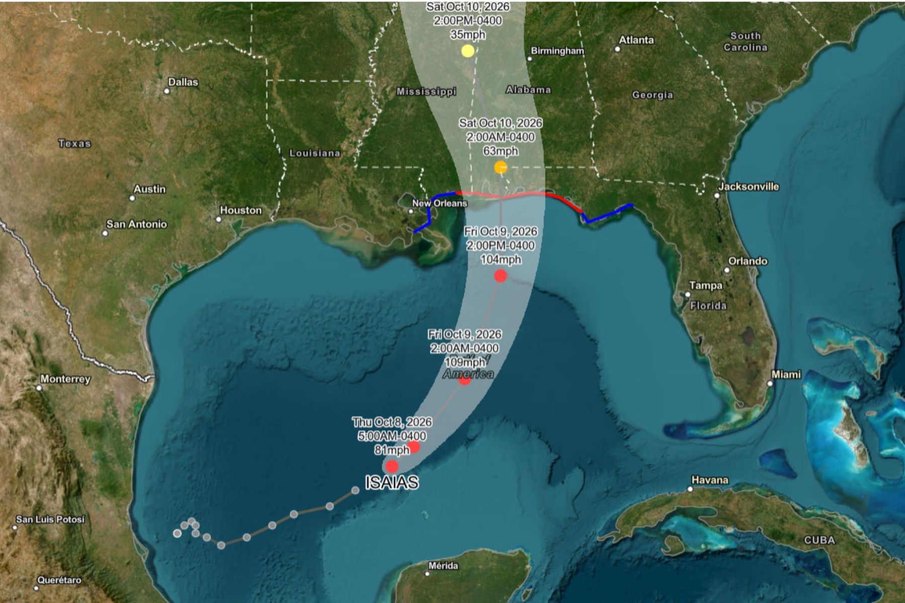 NOAA Live Hurricane Tracker showing the forecasted cone and landfall projection for Hurricane Isaias. (Image: NOAA / NESDIS)