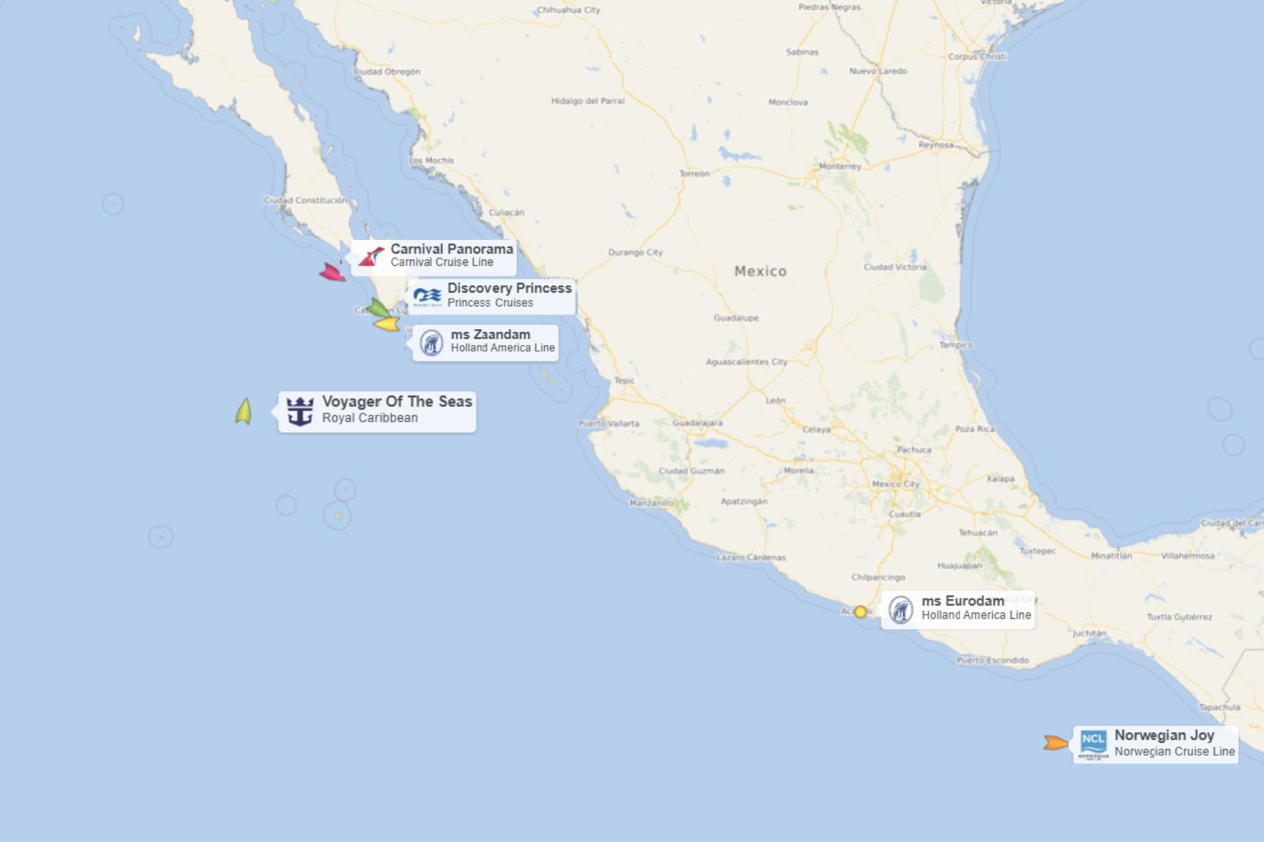 CruiseMapper screen shot of current cruise ship positions